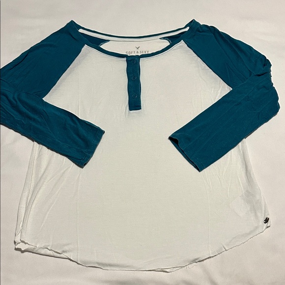 American Eagle Outfitters Tops - American Eagle Outfitters Soft & Sexy Tee Teal and White Long Sleeve Tee